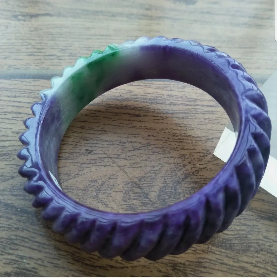 10% OFF- 59/60/61mm Certified Natural Purple-Green Emerald A*Jade HandCarved Bracelet Bangle A655