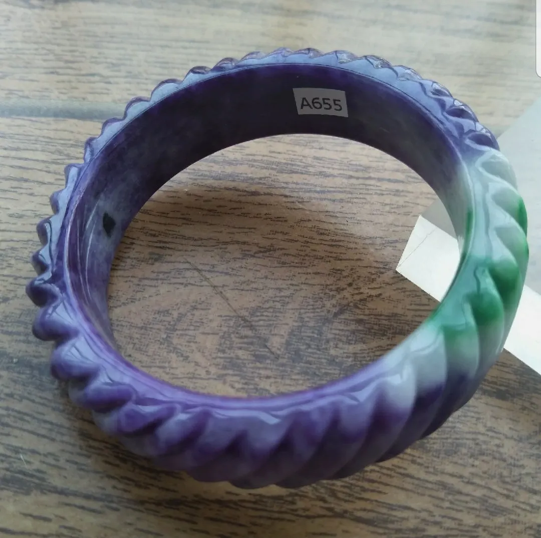 10% OFF- 59/60/61mm Certified Natural Purple-Green Emerald A*Jade HandCarved Bracelet Bangle A655