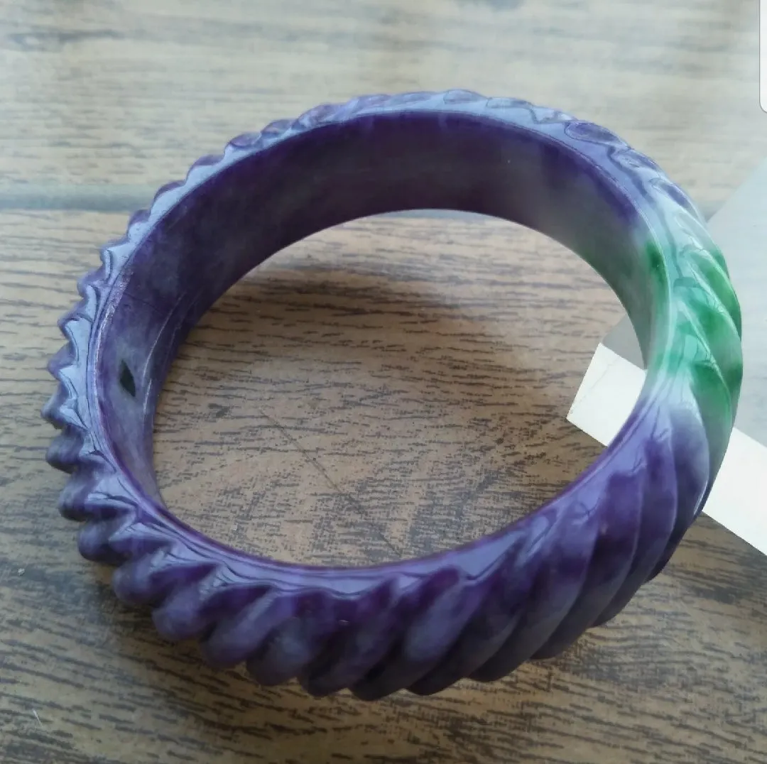 10% OFF- 59/60/61mm Certified Natural Purple-Green Emerald A*Jade HandCarved Bracelet Bangle A655