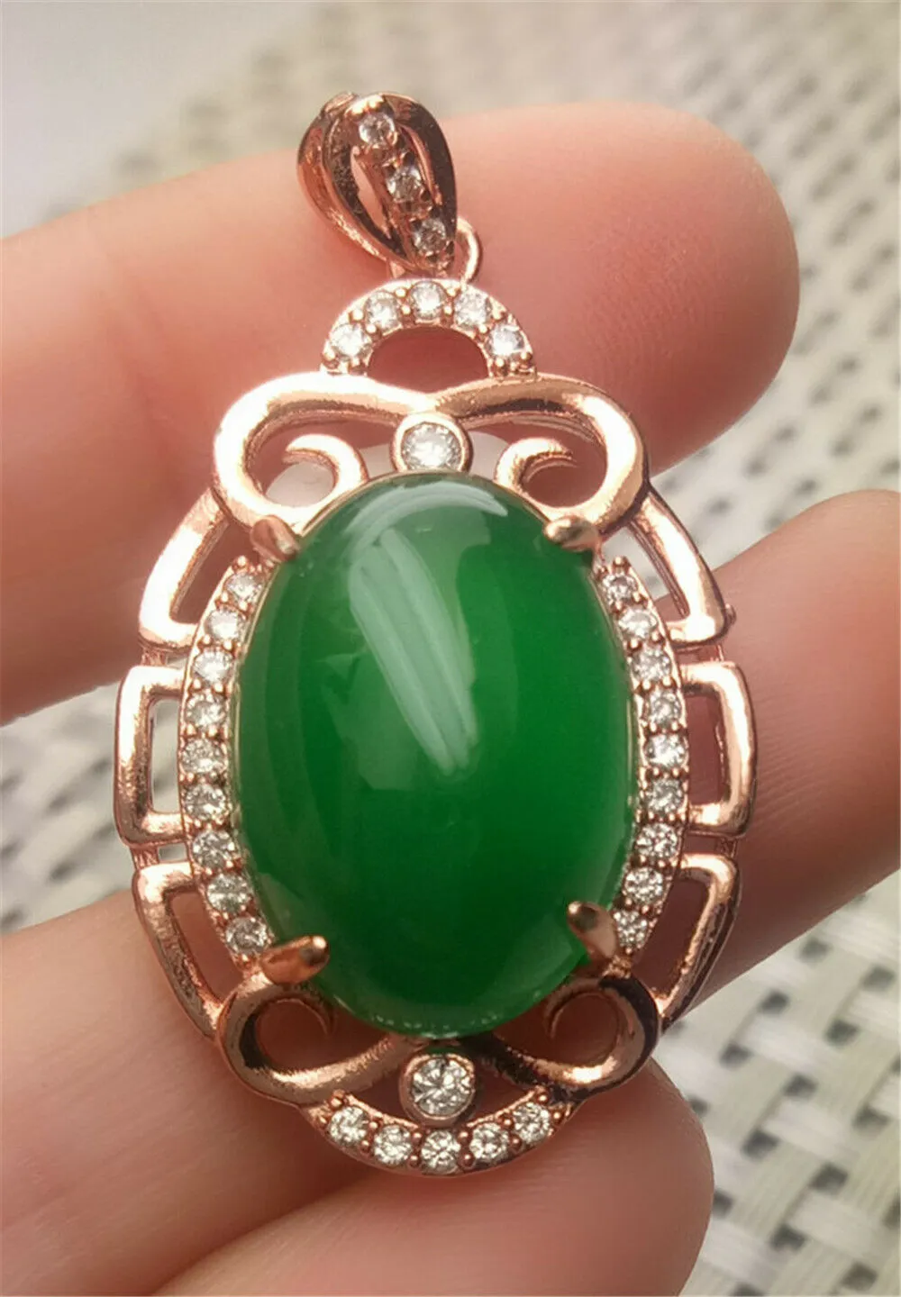 10% OFF- Certified Natural Emerald A*Jade Handcrafted Lucky Green Jade Oval Pendant-Rose Gold 925 Sterling Silver A0204
