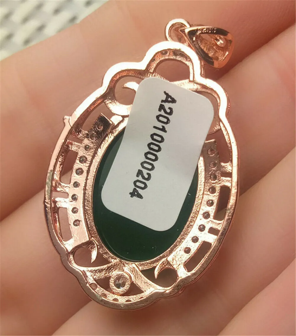 10% OFF- Certified Natural Emerald A*Jade Handcrafted Lucky Green Jade Oval Pendant-Rose Gold 925 Sterling Silver A0204