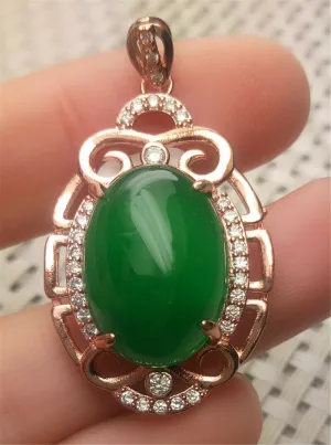 10% OFF- Certified Natural Emerald A*Jade Handcrafted Lucky Green Jade Oval Pendant-Rose Gold 925 Sterling Silver A0204