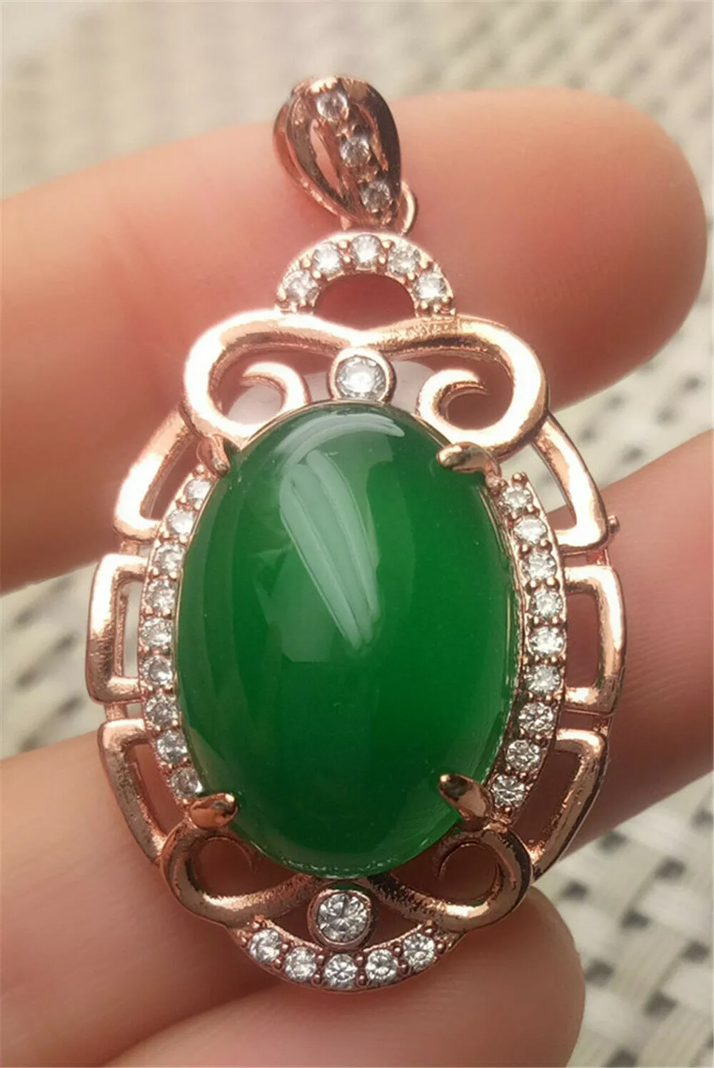 10% OFF- Certified Natural Emerald A*Jade Handcrafted Lucky Green Jade Oval Pendant-Rose Gold 925 Sterling Silver A0204