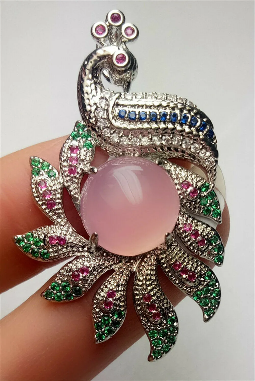 10% OFF- Certified Natural Emerald A*Jade Handcrafted Lucky Pink Jade Phoenix Pendant-925 Sterling Silver A7445