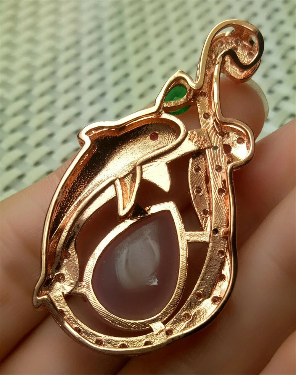 10% OFF- Certified Natural Emerald A*Jade Handcrafted Pink Jade Pendant-Dolphin Rose Gold 925 Sterling Silver