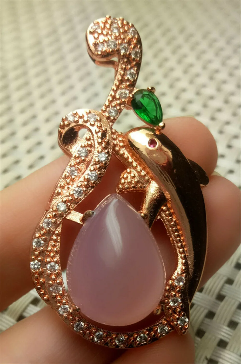 10% OFF- Certified Natural Emerald A*Jade Handcrafted Pink Jade Pendant-Dolphin Rose Gold 925 Sterling Silver