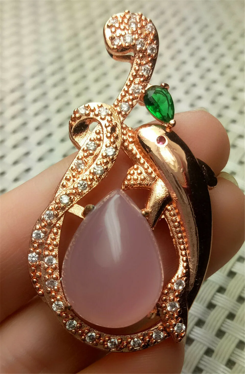 10% OFF- Certified Natural Emerald A*Jade Handcrafted Pink Jade Pendant-Dolphin Rose Gold 925 Sterling Silver