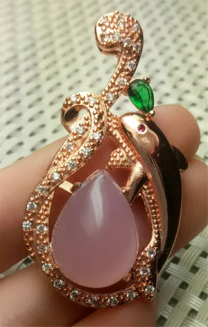 10% OFF- Certified Natural Emerald A*Jade Handcrafted Pink Jade Pendant-Dolphin Rose Gold 925 Sterling Silver