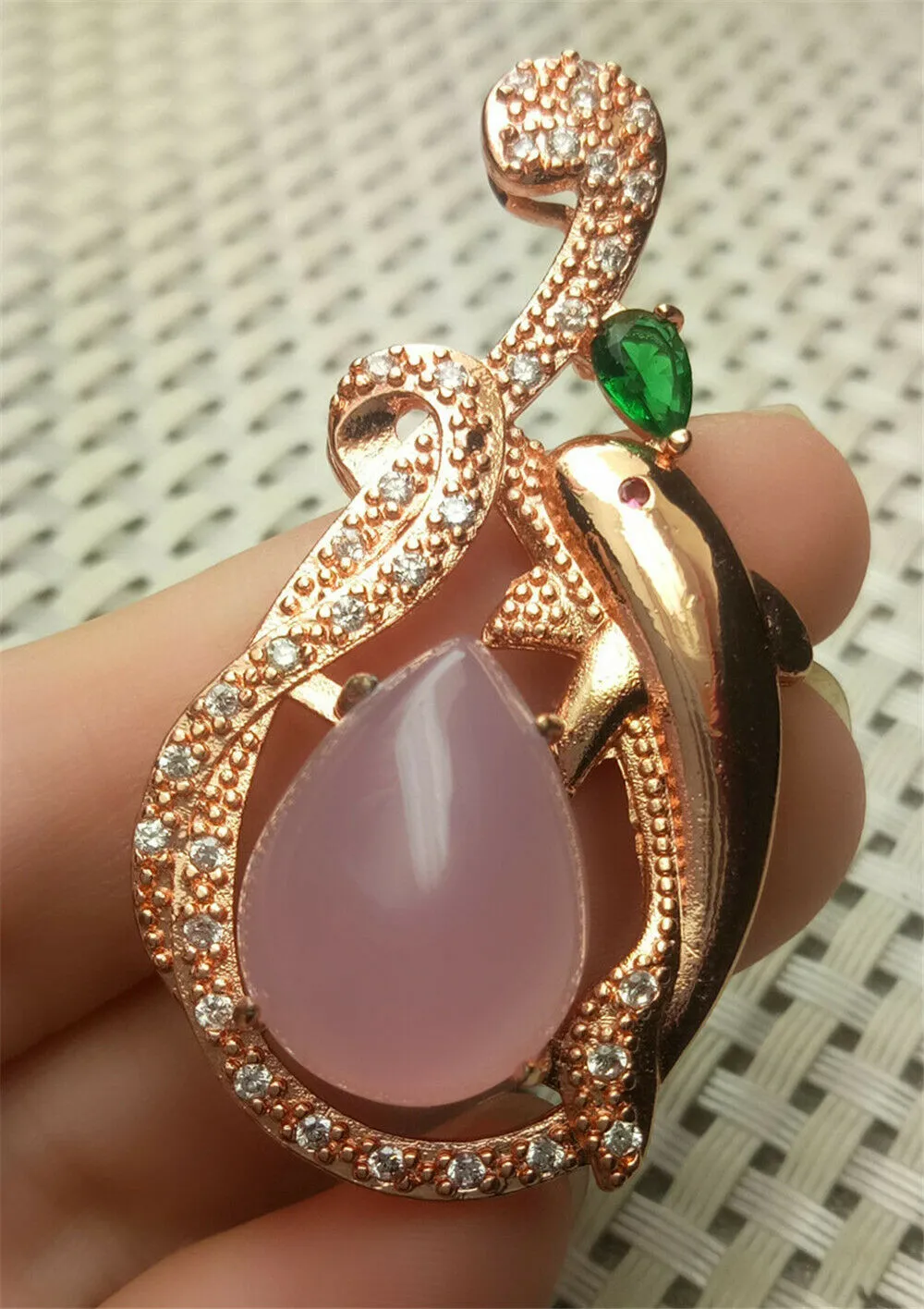 10% OFF- Certified Natural Emerald A*Jade Handcrafted Pink Jade Pendant-Dolphin Rose Gold 925 Sterling Silver