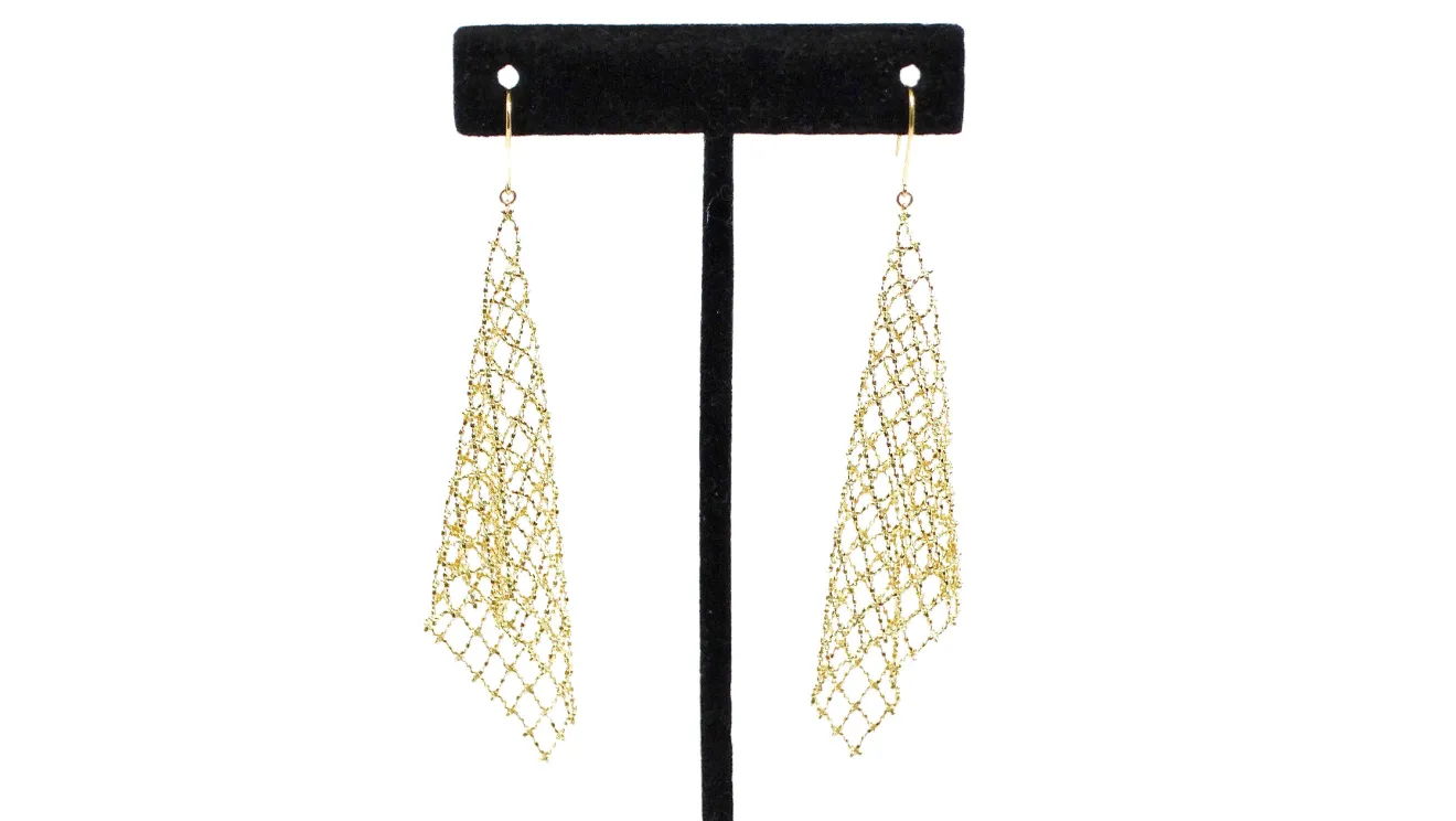 18k Yellow Gold Mesh Wire Chandelier Earrings
