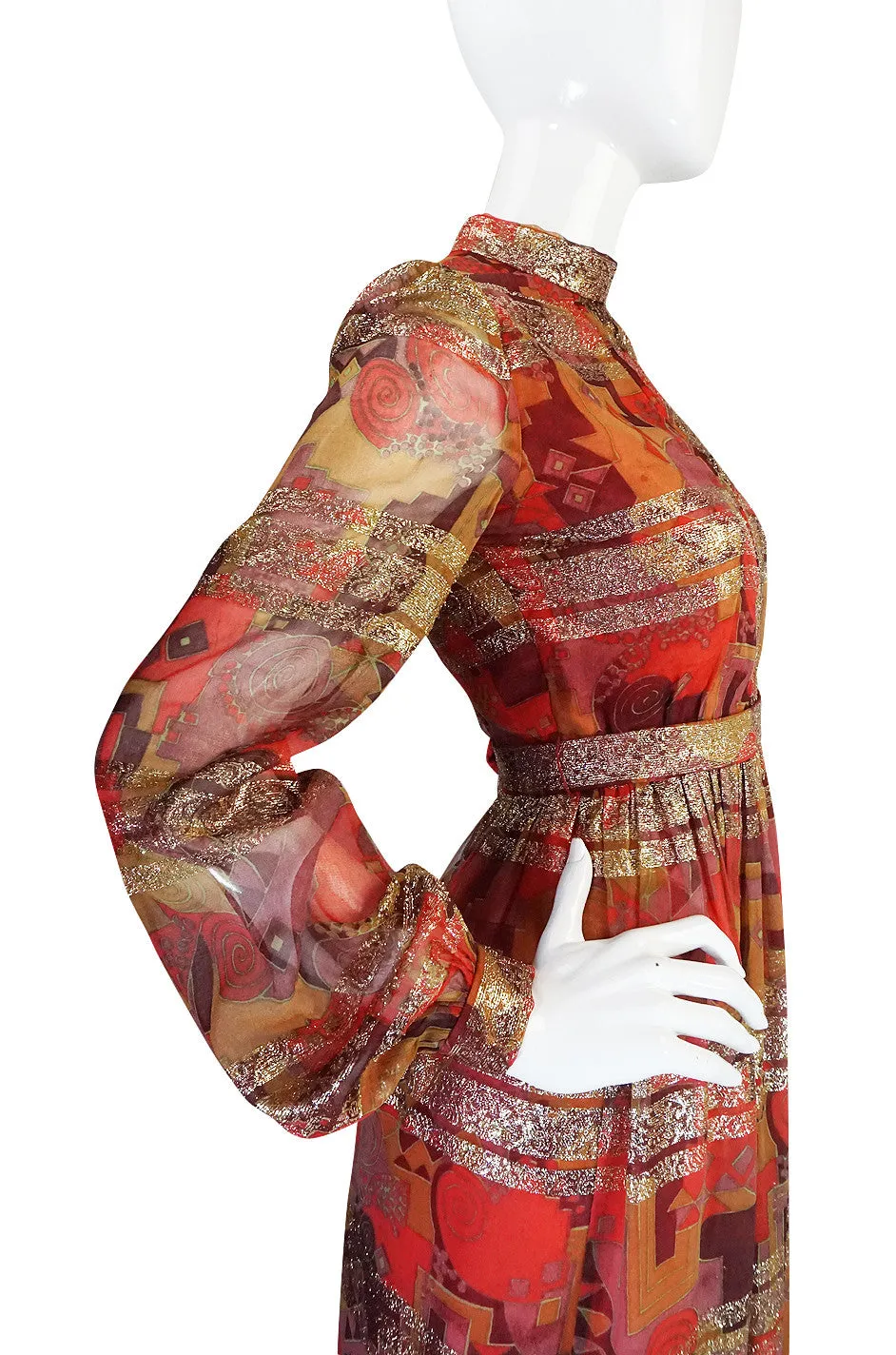 1960s Metallic Malcolm Starr Printed Organza Dress