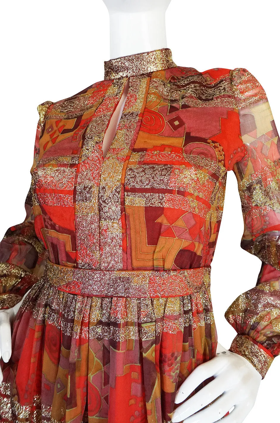1960s Metallic Malcolm Starr Printed Organza Dress