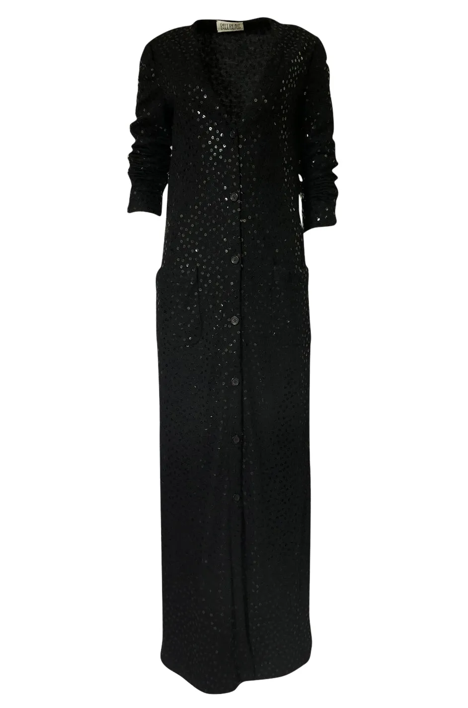 1970s Bill Blass Black Knit Wool Jersey & Silk Sequin Covered Cardigan Dress