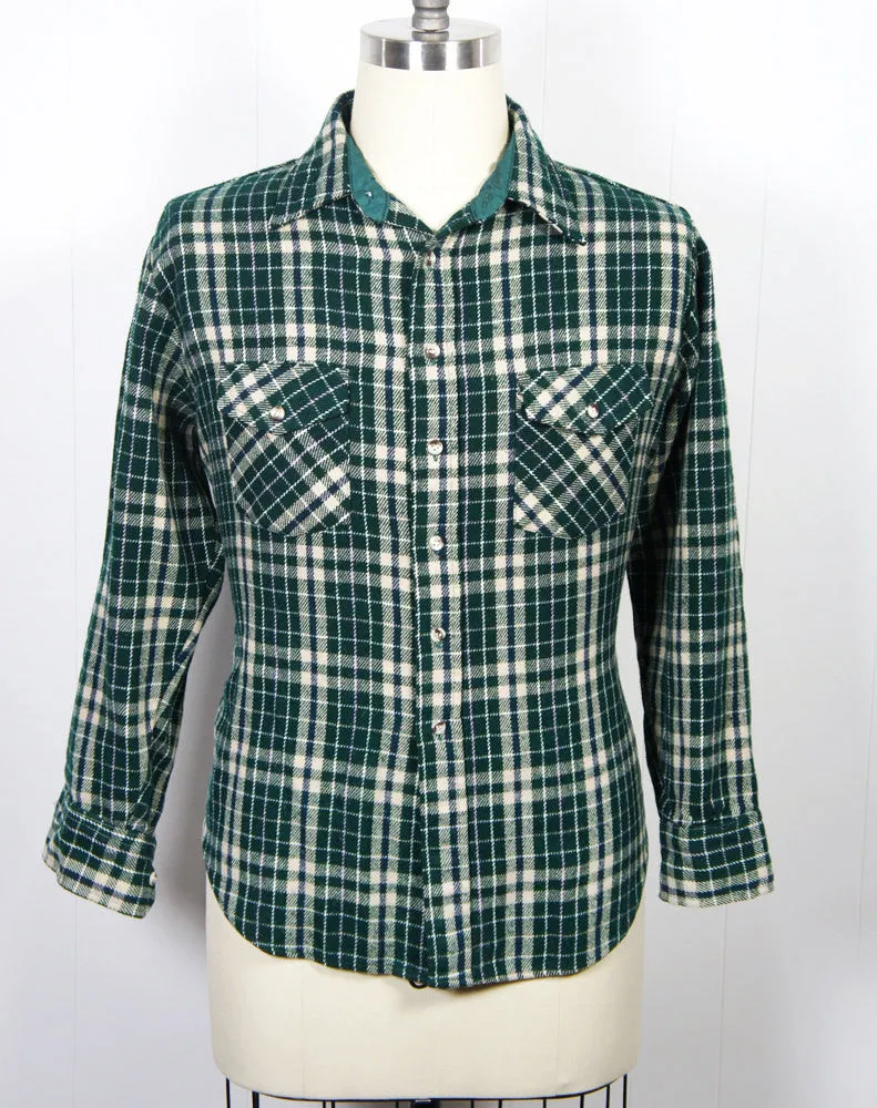 1970's Forest Green Striped Plaid Flannel Shirt - Size XL