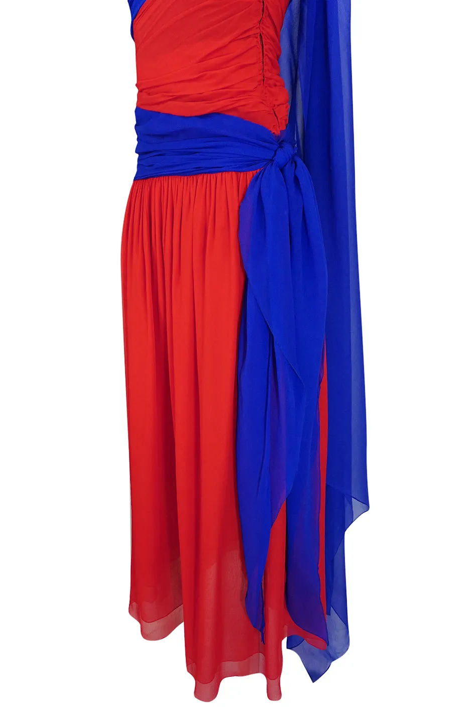 1970s Givenchy Bold Red & Blue Silk Chiffon One Shoulder Dress