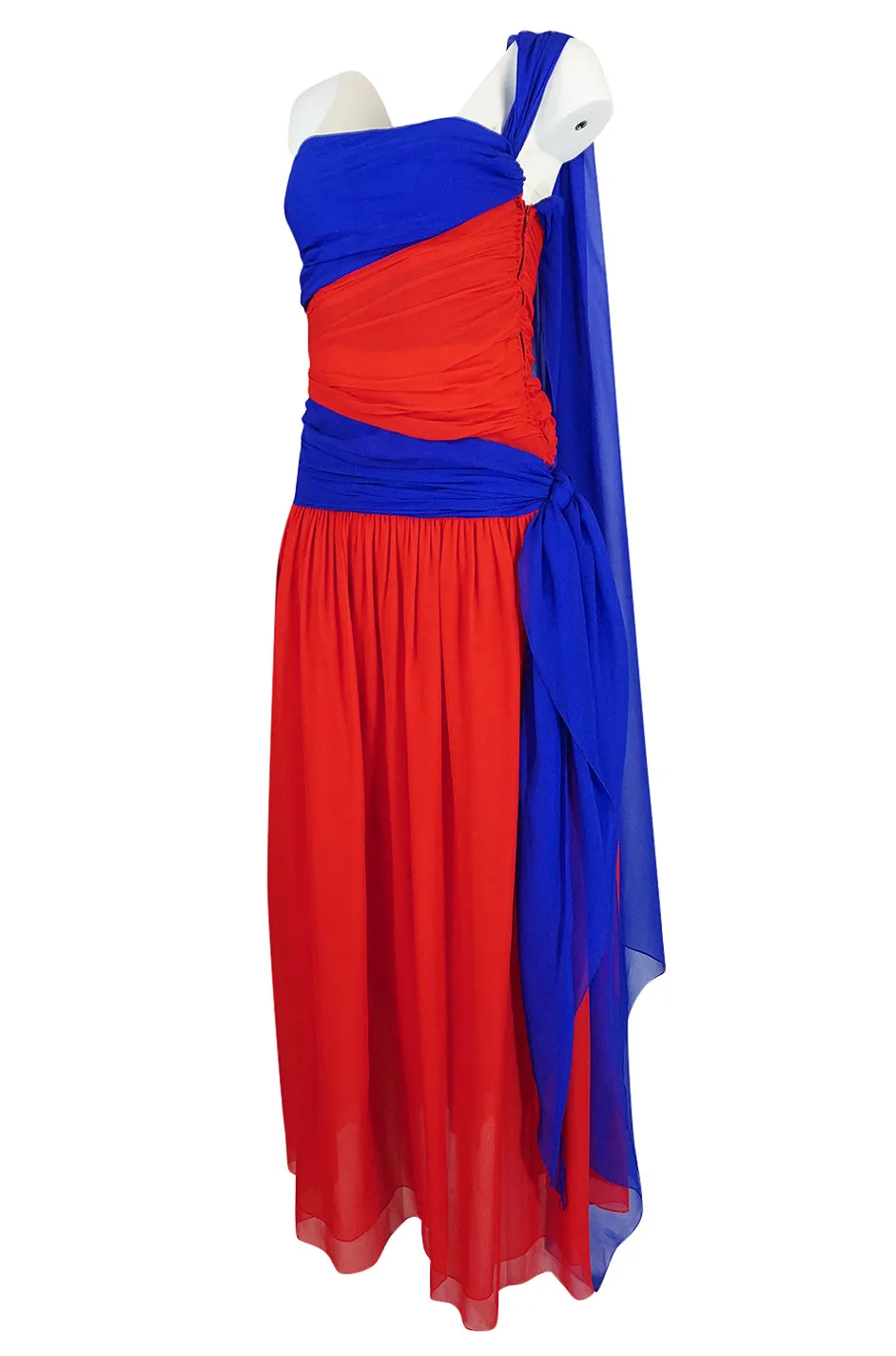 1970s Givenchy Bold Red & Blue Silk Chiffon One Shoulder Dress
