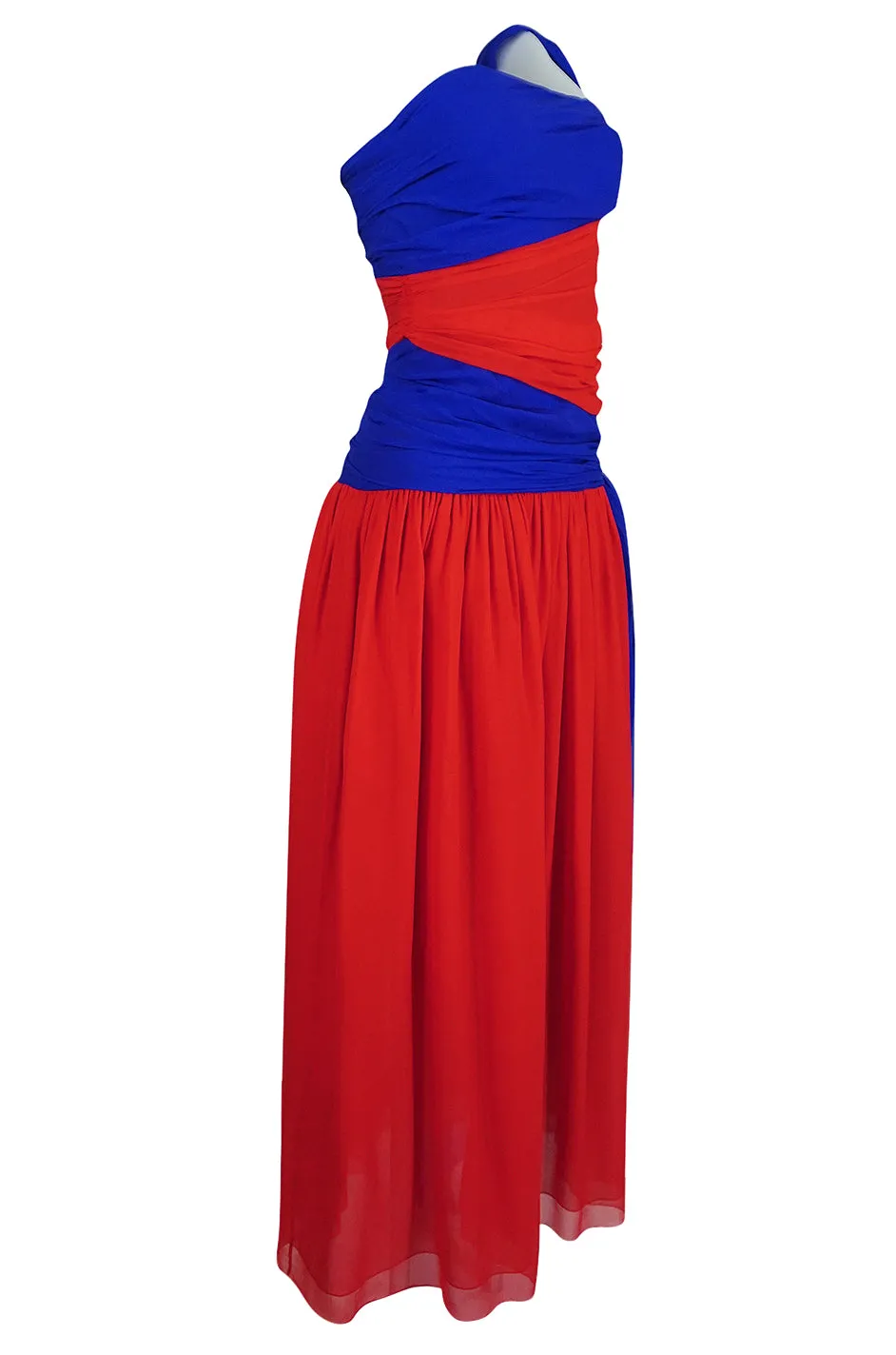 1970s Givenchy Bold Red & Blue Silk Chiffon One Shoulder Dress