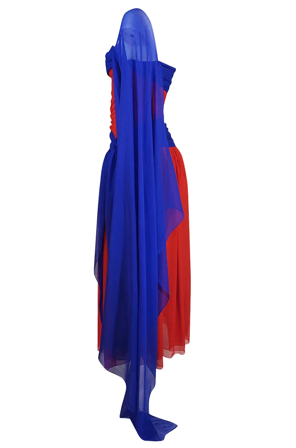 1970s Givenchy Bold Red & Blue Silk Chiffon One Shoulder Dress
