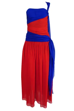 1970s Givenchy Bold Red & Blue Silk Chiffon One Shoulder Dress