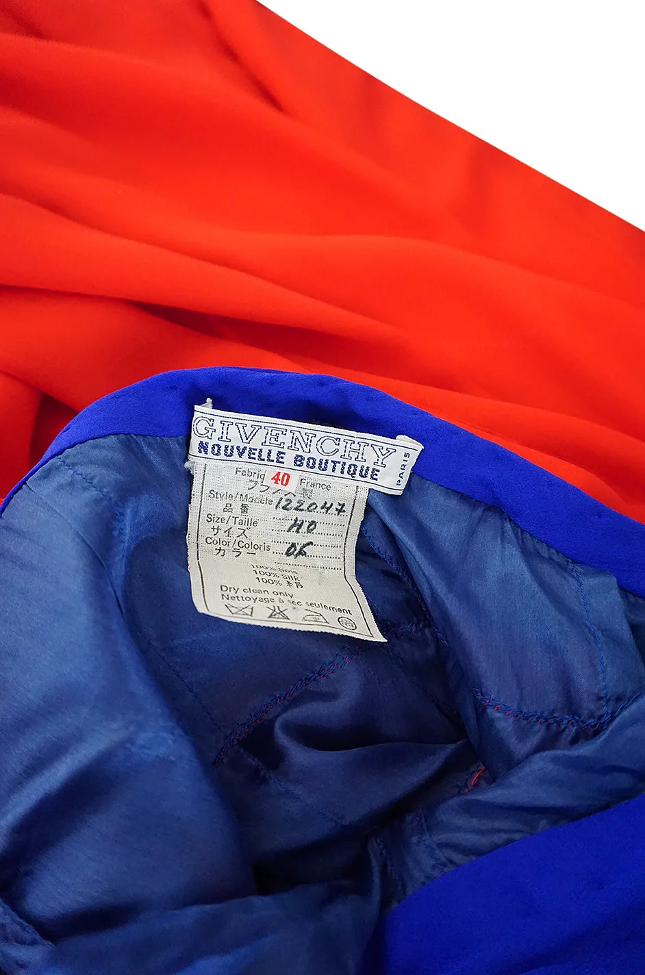 1970s Givenchy Bold Red & Blue Silk Chiffon One Shoulder Dress