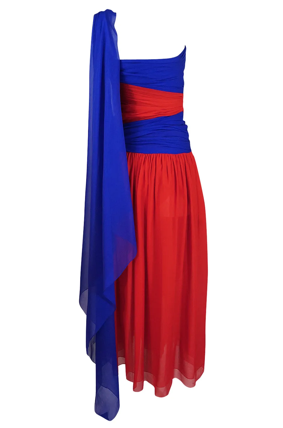 1970s Givenchy Bold Red & Blue Silk Chiffon One Shoulder Dress