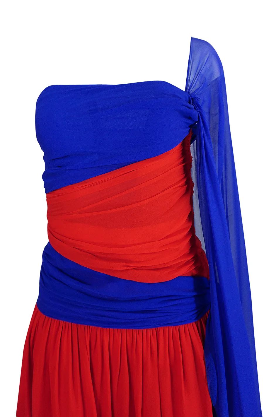 1970s Givenchy Bold Red & Blue Silk Chiffon One Shoulder Dress
