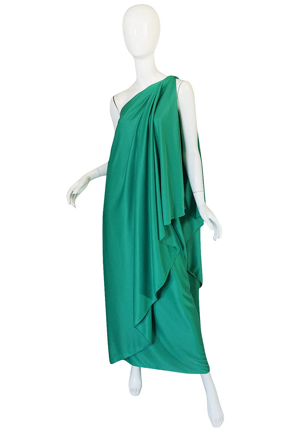1970s Halston One Shoulder Jersey Green Dress