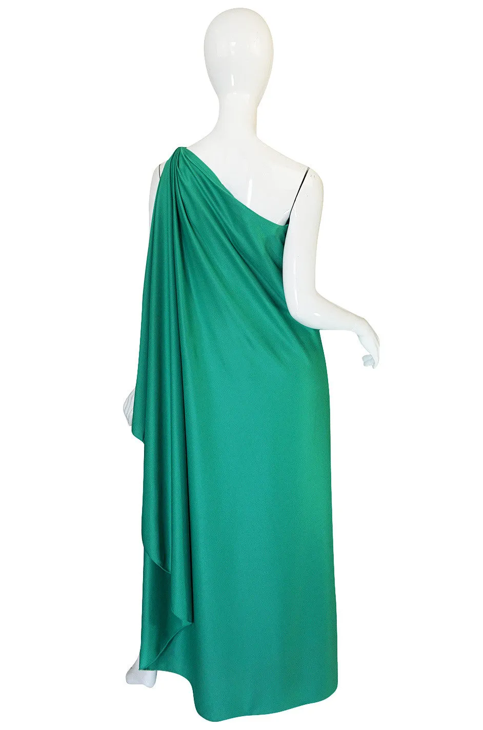 1970s Halston One Shoulder Jersey Green Dress
