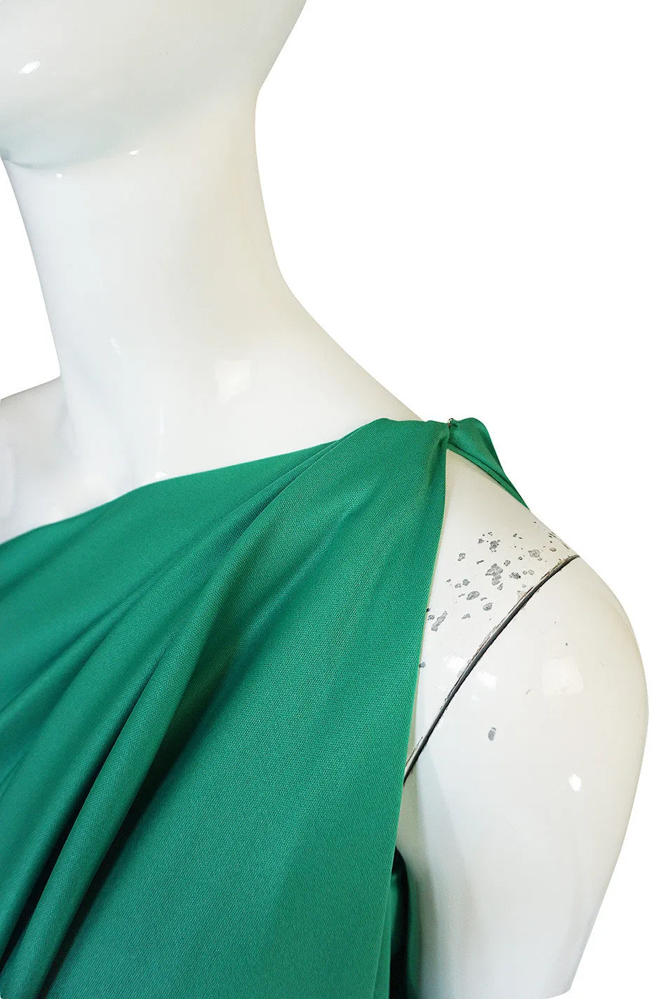 1970s Halston One Shoulder Jersey Green Dress