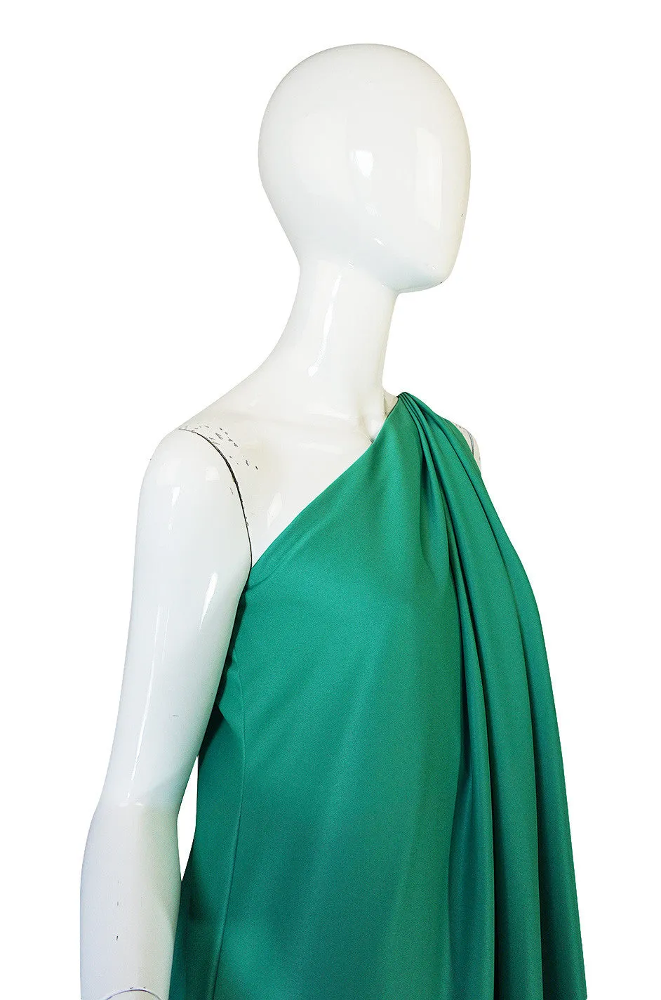 1970s Halston One Shoulder Jersey Green Dress