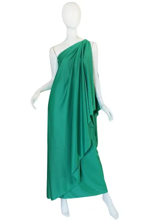 1970s Halston One Shoulder Jersey Green Dress