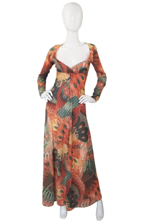 1970s John Kloss Feather Printed Nylon Maxi Dress