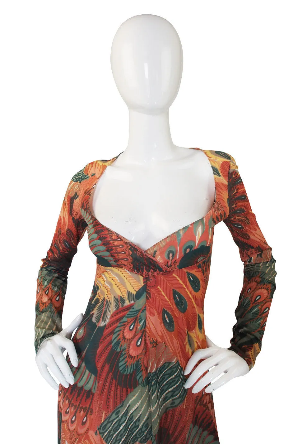 1970s John Kloss Feather Printed Nylon Maxi Dress