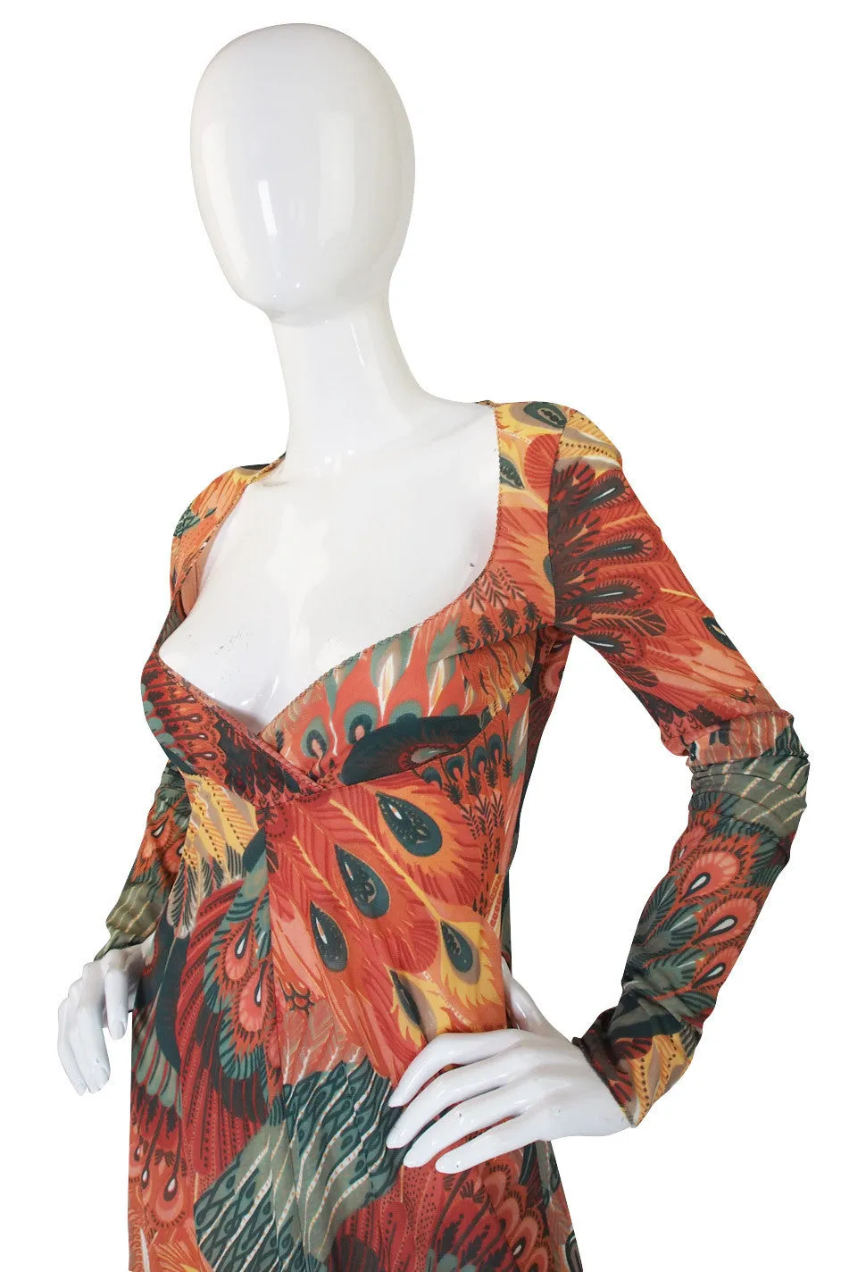 1970s John Kloss Feather Printed Nylon Maxi Dress