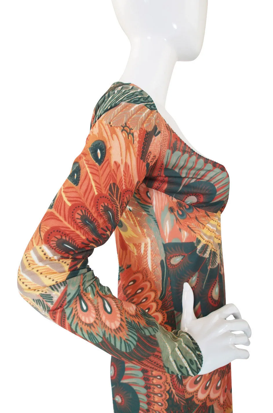 1970s John Kloss Feather Printed Nylon Maxi Dress