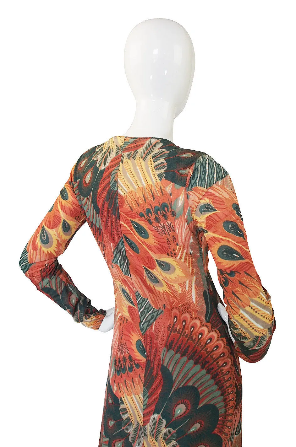 1970s John Kloss Feather Printed Nylon Maxi Dress