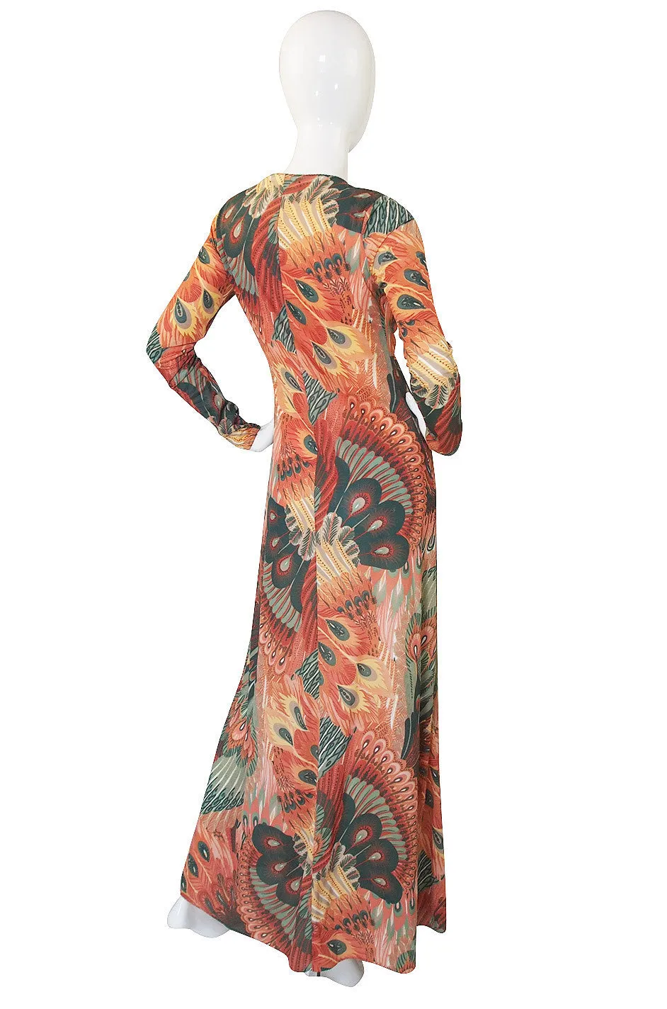 1970s John Kloss Feather Printed Nylon Maxi Dress
