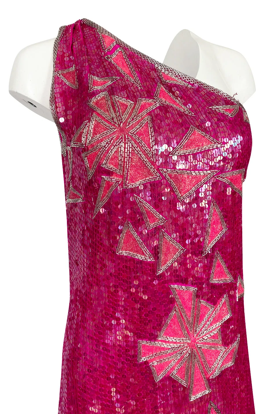 1970s Lillie Rubin Pink Densely Sequin & Bead Graphic Pattern One Shoulder Dress