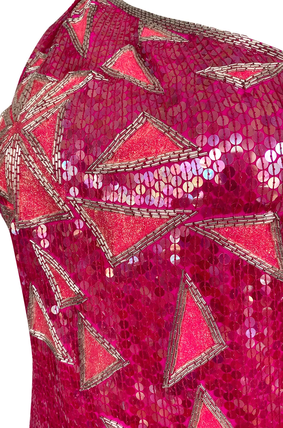 1970s Lillie Rubin Pink Densely Sequin & Bead Graphic Pattern One Shoulder Dress