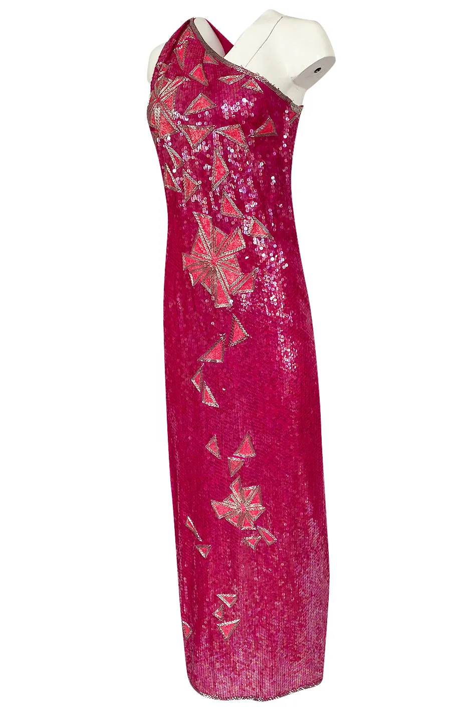 1970s Lillie Rubin Pink Densely Sequin & Bead Graphic Pattern One Shoulder Dress