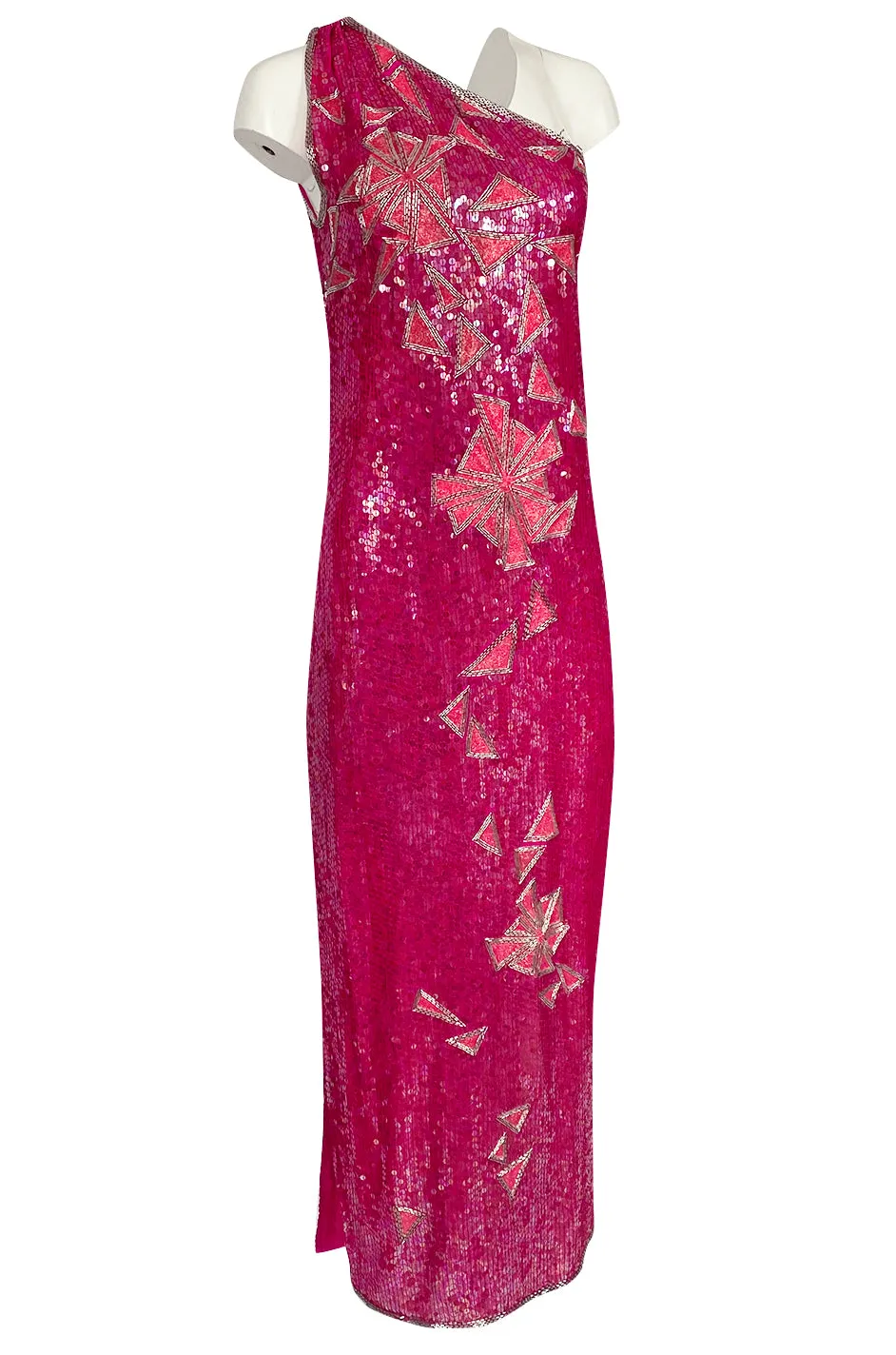 1970s Lillie Rubin Pink Densely Sequin & Bead Graphic Pattern One Shoulder Dress