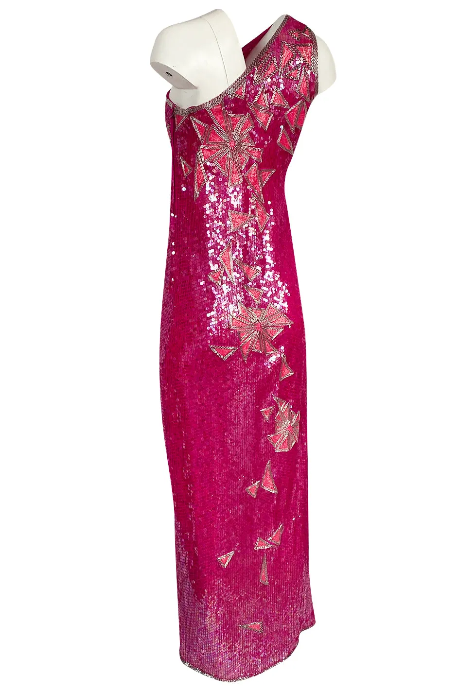 1970s Lillie Rubin Pink Densely Sequin & Bead Graphic Pattern One Shoulder Dress