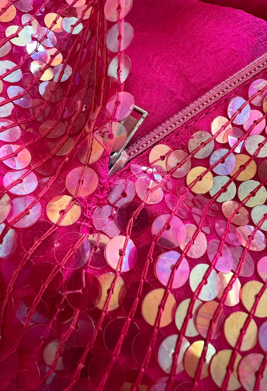 1970s Lillie Rubin Pink Densely Sequin & Bead Graphic Pattern One Shoulder Dress