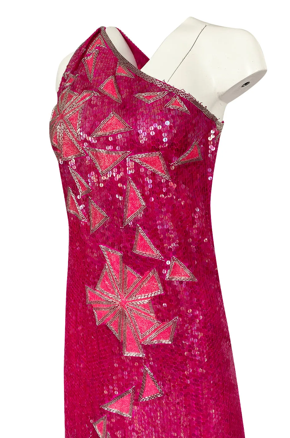 1970s Lillie Rubin Pink Densely Sequin & Bead Graphic Pattern One Shoulder Dress