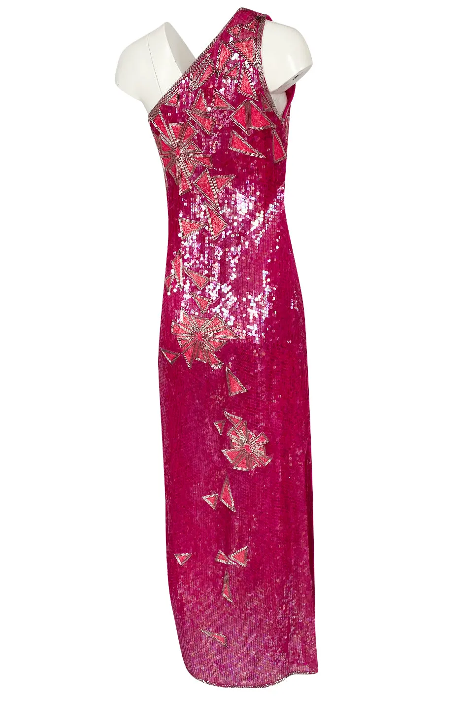 1970s Lillie Rubin Pink Densely Sequin & Bead Graphic Pattern One Shoulder Dress