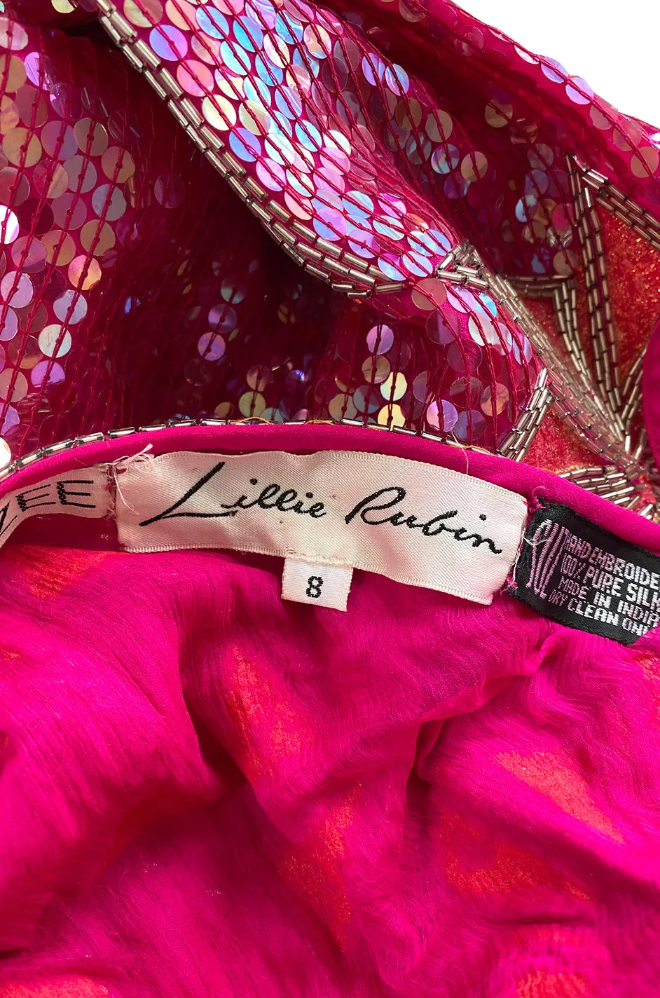 1970s Lillie Rubin Pink Densely Sequin & Bead Graphic Pattern One Shoulder Dress