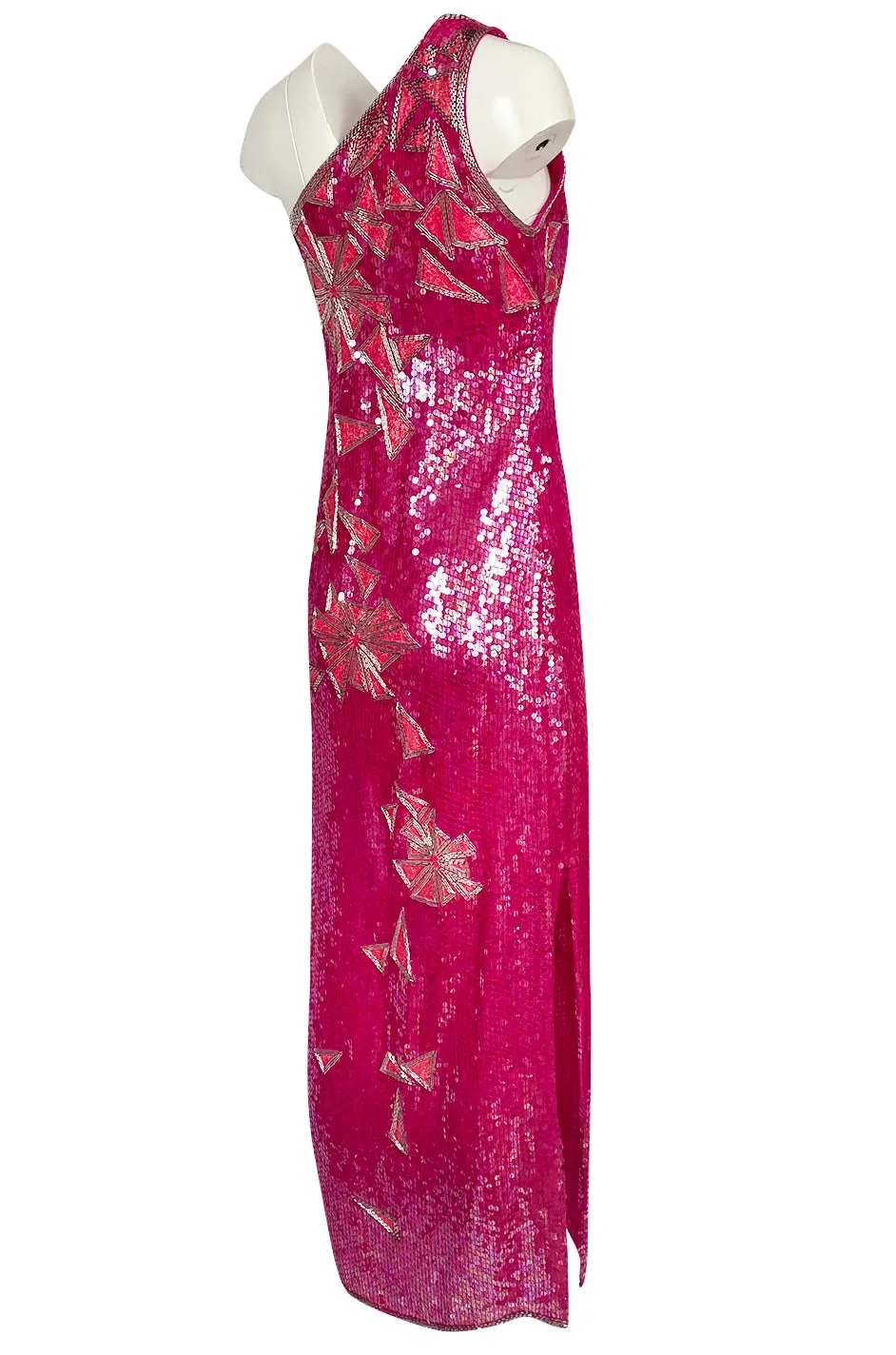 1970s Lillie Rubin Pink Densely Sequin & Bead Graphic Pattern One Shoulder Dress