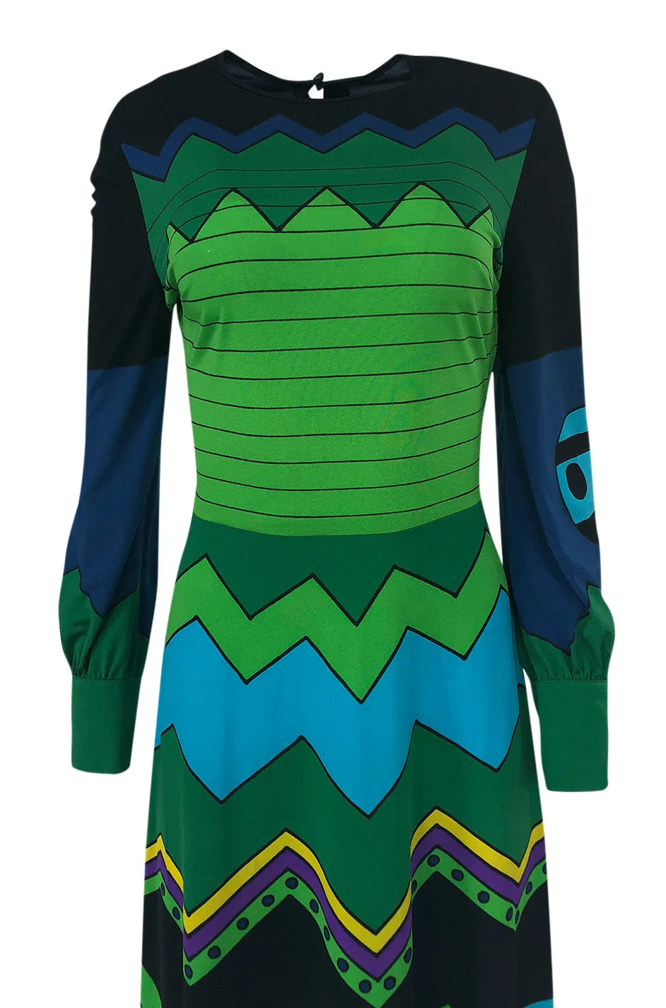 1970s Louis Feraud Turquoise & Green Printed Jersey Maxi Dress