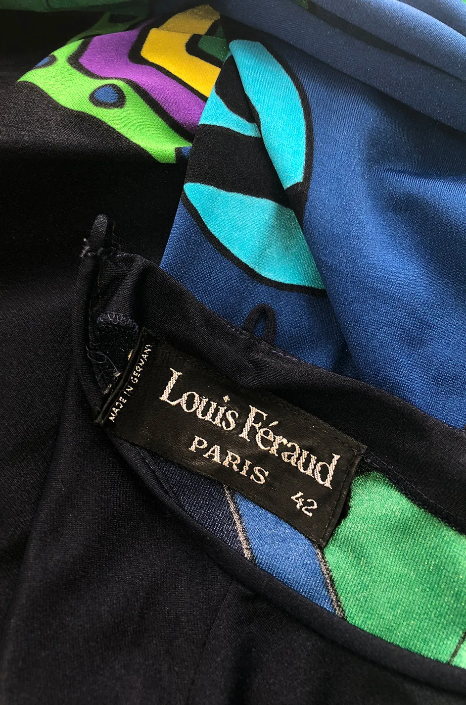 1970s Louis Feraud Turquoise & Green Printed Jersey Maxi Dress