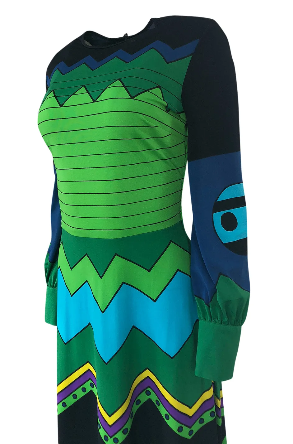 1970s Louis Feraud Turquoise & Green Printed Jersey Maxi Dress